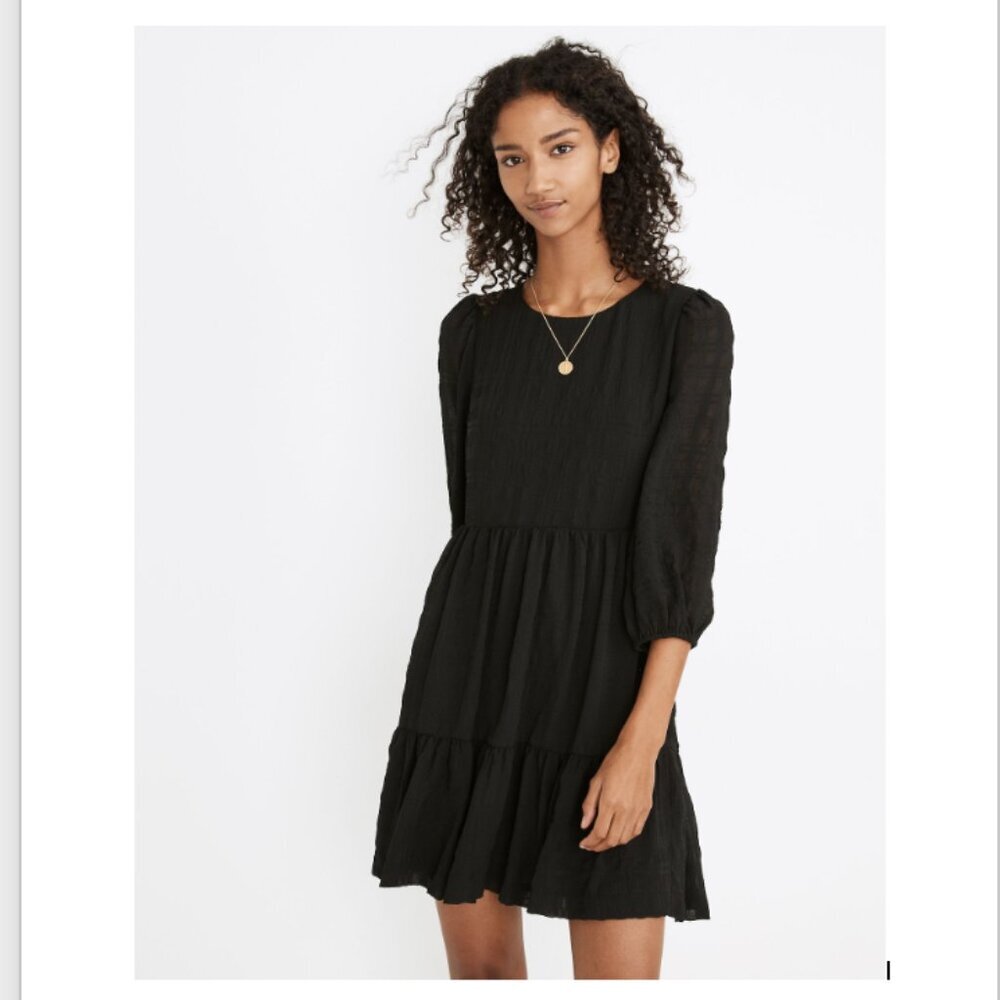 Madewell Puff-Sleeve Ruffle-Hem Mini Dress Women's 4 Black